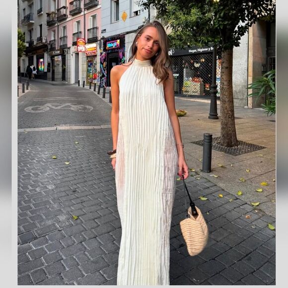 NWT ZARA LONG PLEATED DRESS Light Beige Satim - Picture 1 of 16